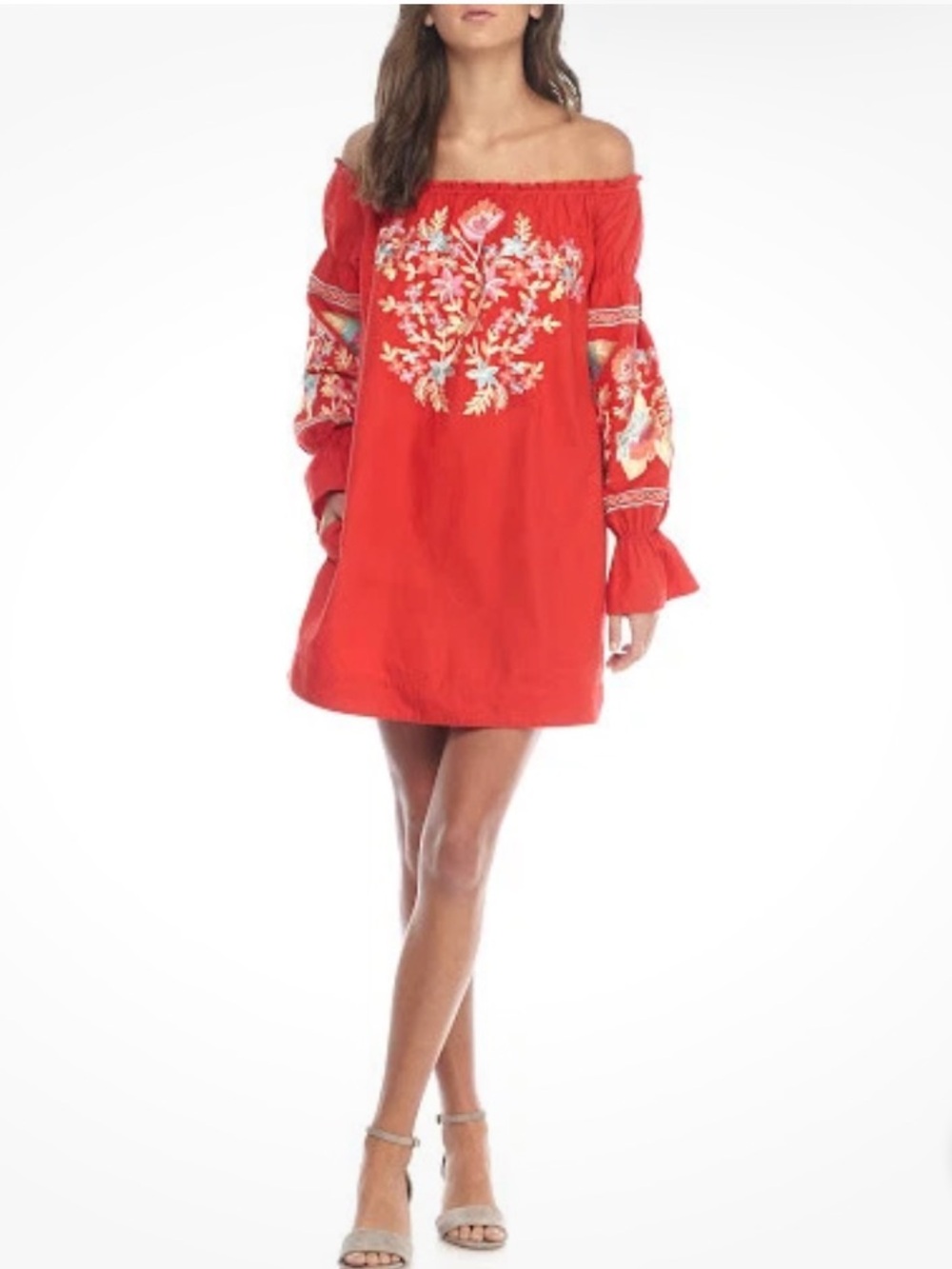 FREE PEOPLE Fleur Du Jour dress sz M off shoulder floral embroidered boho